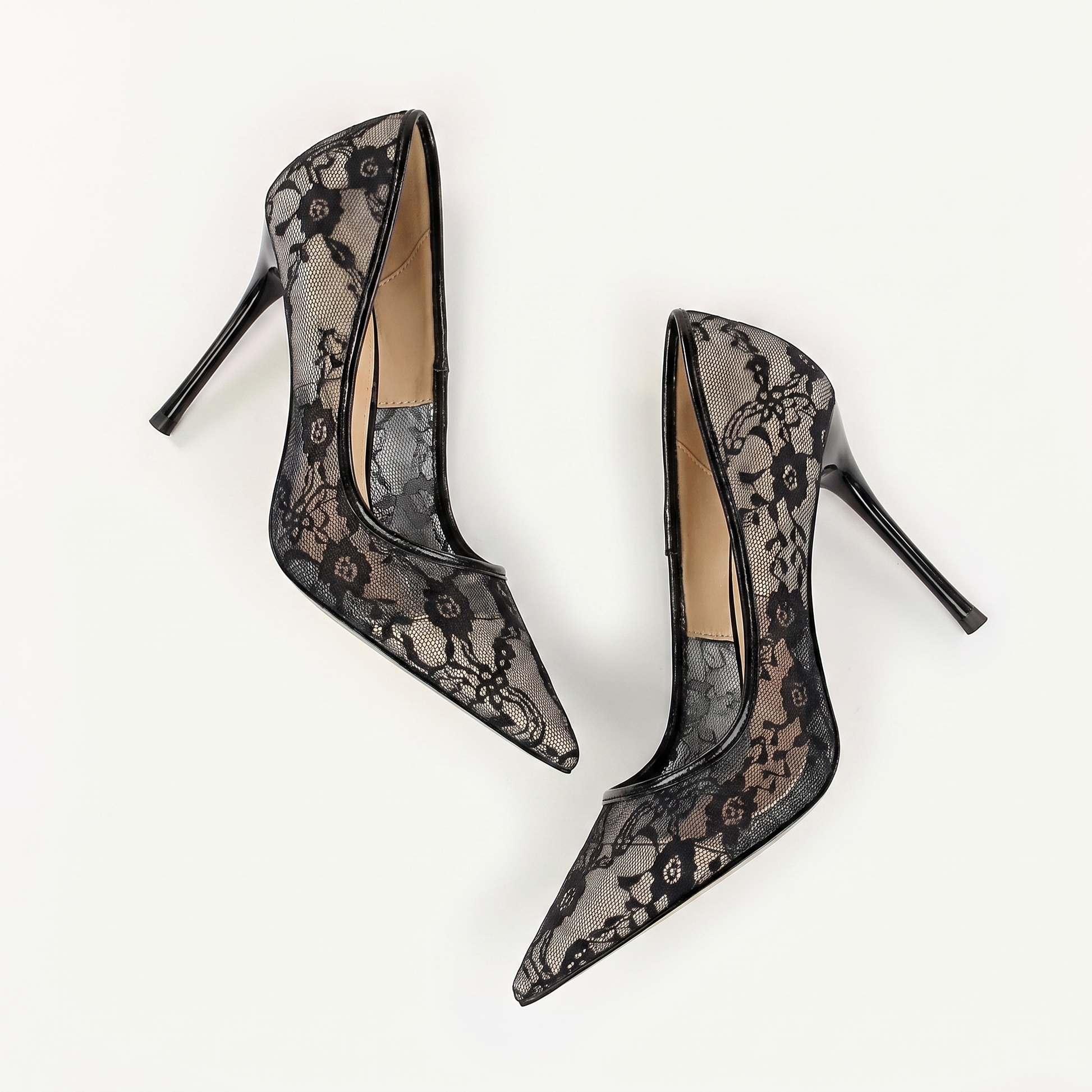 Sunoire 2026 new european american sexy sleek solid 8cm thin heel womens shoes slip on pointed toe netted lace openwork design 10 pair flatlay black