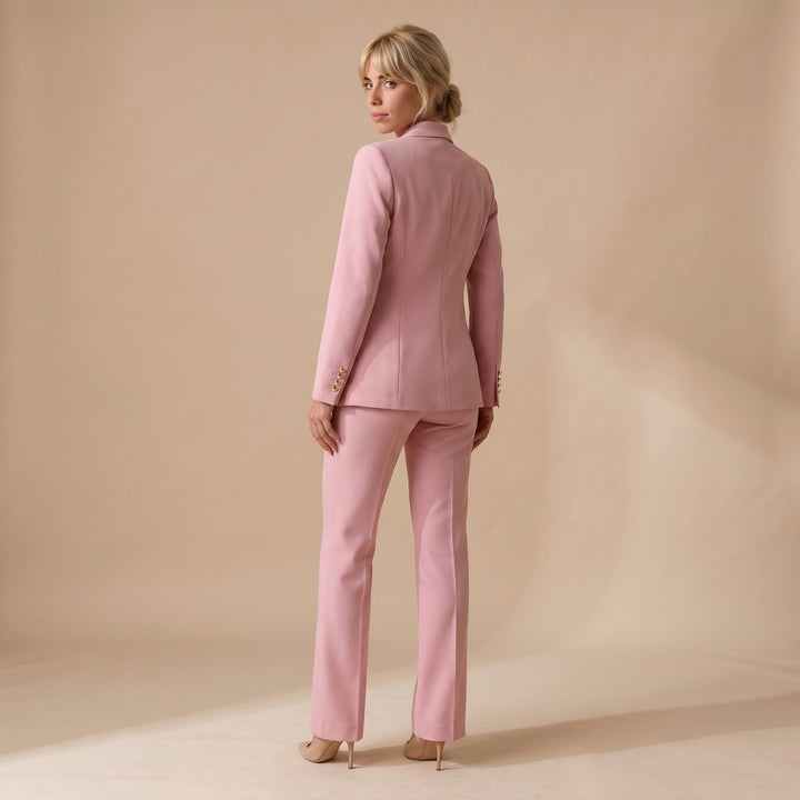 Sunoire 2 pieces outfit notched collar double breasted flap detail coat and zipper fly elastic back waist slim fit flared pants set casual blazer set back view 01