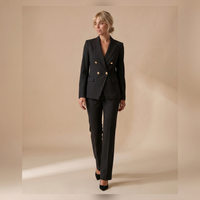 Sunoire 2 pieces outfit notched collar double breasted flap detail coat and zipper fly elastic back waist slim fit flared pants set casual blazer set colorway black front hero 01
