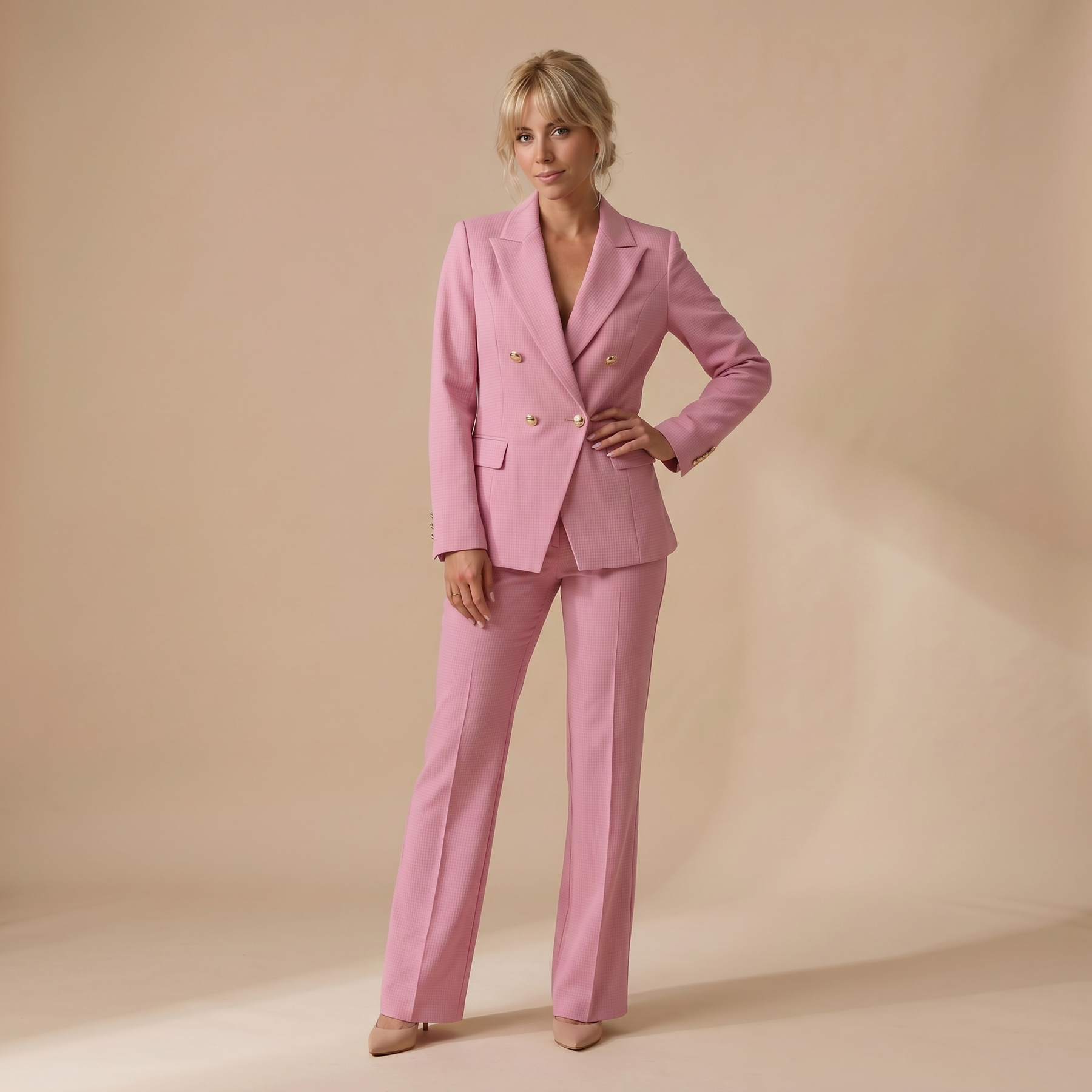 Sunoire 2 pieces outfit notched collar double breasted flap detail coat and zipper fly elastic back waist slim fit flared pants set casual blazer set colorway hot pink front hero 01