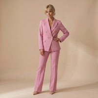 Sunoire 2 pieces outfit notched collar double breasted flap detail coat and zipper fly elastic back waist slim fit flared pants set casual blazer set colorway hot pink front hero 01