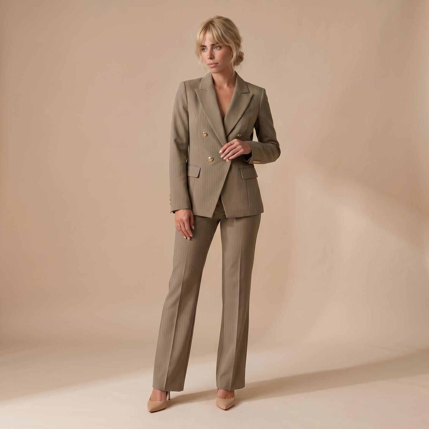 Sunoire 2 pieces outfit notched collar double breasted flap detail coat and zipper fly elastic back waist slim fit flared pants set casual blazer set colorway khaki front hero 01