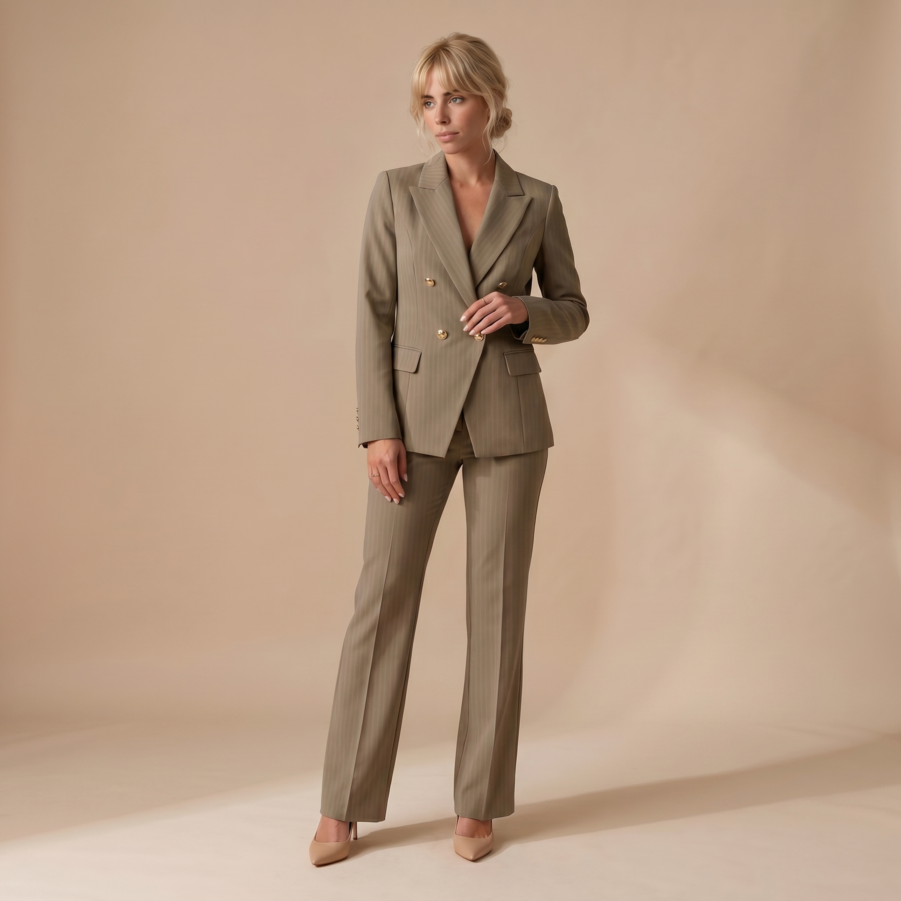 Sunoire 2 pieces outfit notched collar double breasted flap detail coat and zipper fly elastic back waist slim fit flared pants set casual blazer set colorway khaki front hero 01