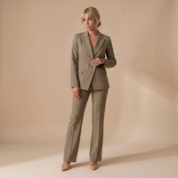 Sunoire 2 pieces outfit notched collar double breasted flap detail coat and zipper fly elastic back waist slim fit flared pants set casual blazer set colorway khaki front hero 01