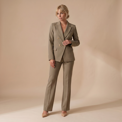 Sunoire 2 pieces outfit notched collar double breasted flap detail coat and zipper fly elastic back waist slim fit flared pants set casual blazer set colorway khaki front hero 01