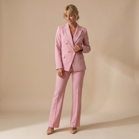 Sunoire 2 pieces outfit notched collar double breasted flap detail coat and zipper fly elastic back waist slim fit flared pants set casual blazer set front hero 01