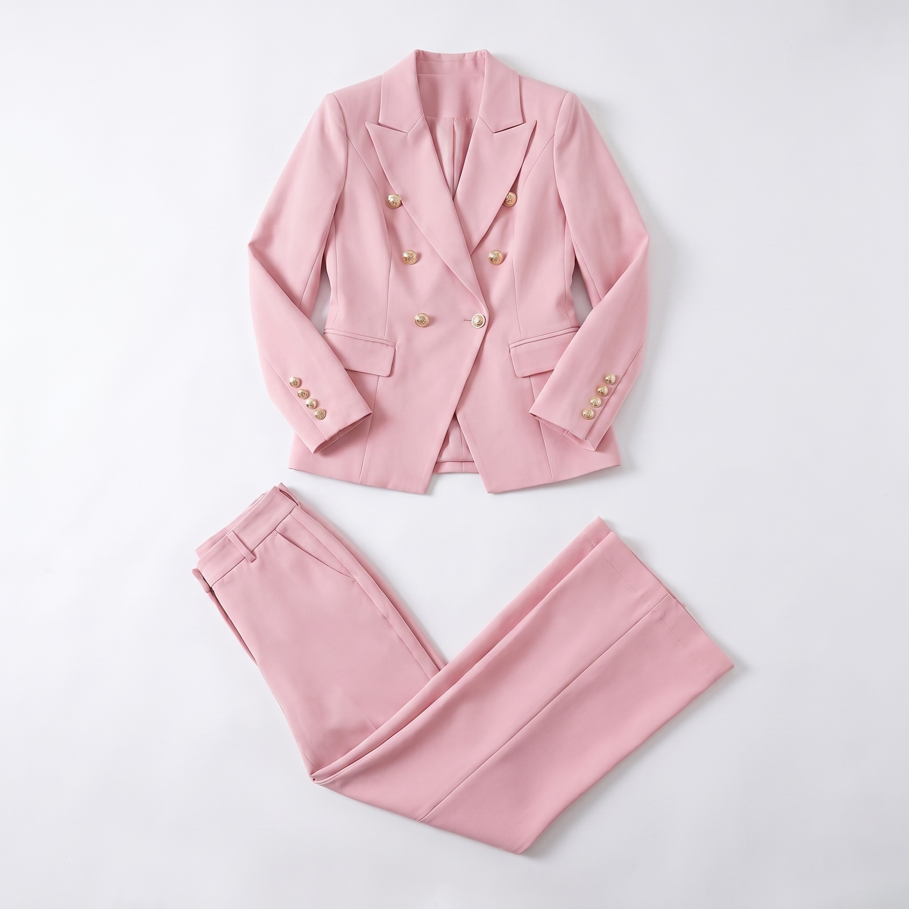 Sunoire 2 pieces outfit notched collar double breasted flap detail coat and zipper fly elastic back waist slim fit flared pants set casual blazer set garment flatlay 01