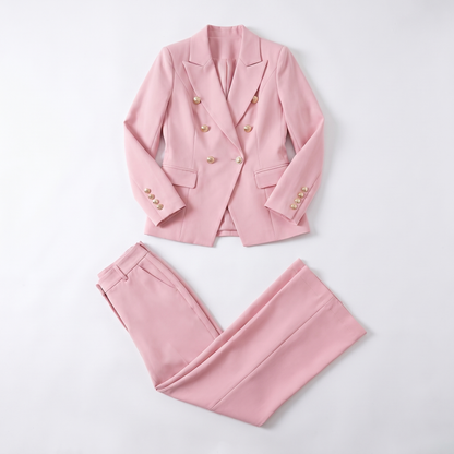 Sunoire 2 pieces outfit notched collar double breasted flap detail coat and zipper fly elastic back waist slim fit flared pants set casual blazer set garment flatlay 01