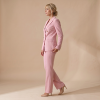 Sunoire 2 pieces outfit notched collar double breasted flap detail coat and zipper fly elastic back waist slim fit flared pants set casual blazer set side view 01