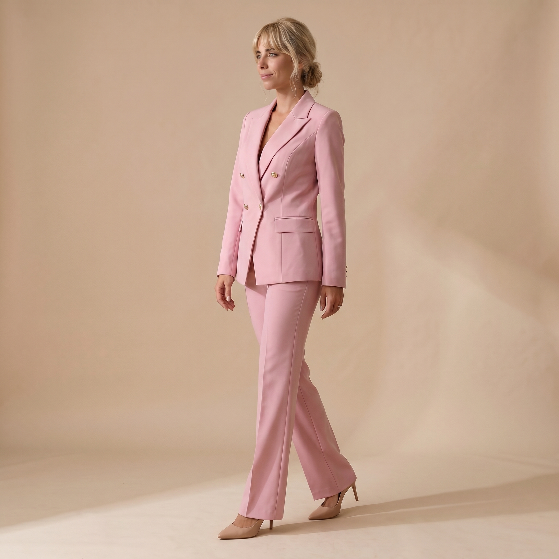 Sunoire 2 pieces outfit notched collar double breasted flap detail coat and zipper fly elastic back waist slim fit flared pants set casual blazer set three quarter 01