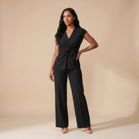 Sunoire 2 pieces outfit v neck short sleeve twist front zipper back top and straight leg pants set casual commuting set colorway black front hero 01