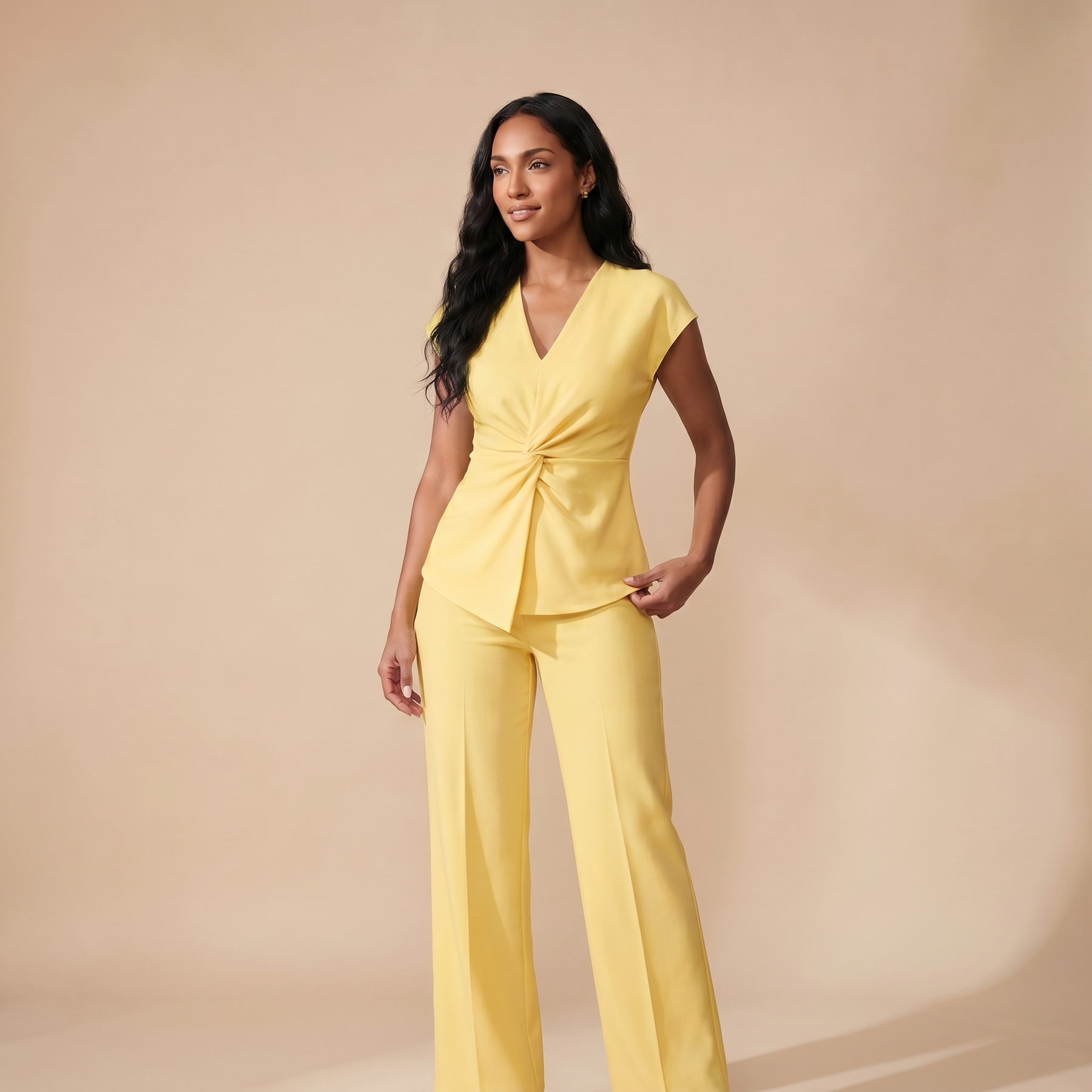 Sunoire 2 pieces outfit v neck short sleeve twist front zipper back top and straight leg pants set casual commuting set colorway light yellow front hero 01