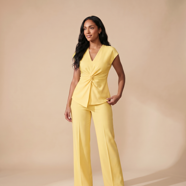 Mila White Twist-Front Pants Set — Light Yellow