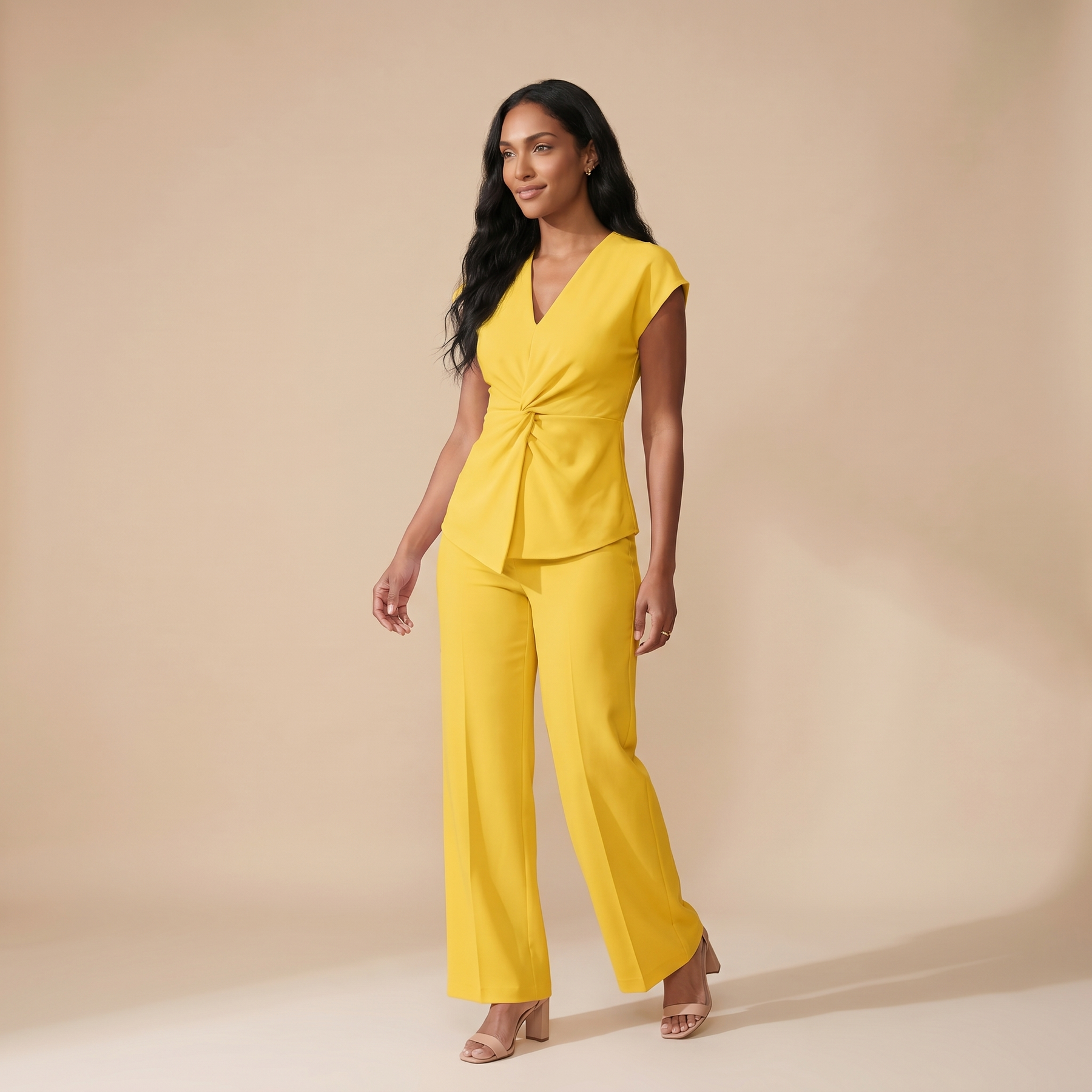 Sunoire 2 pieces outfit v neck short sleeve twist front zipper back top and straight leg pants set casual commuting set colorway yellow front hero 01