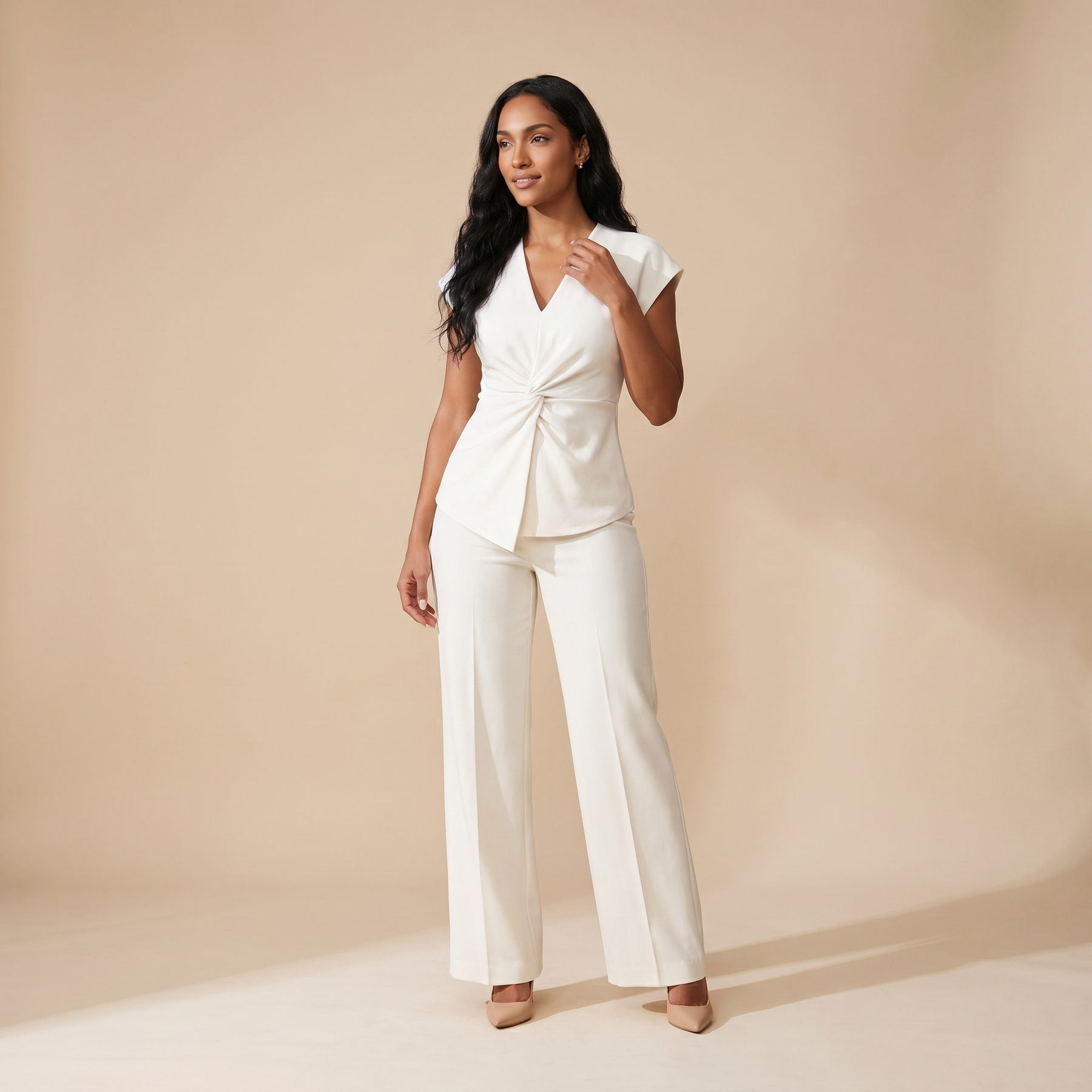 Sunoire 2 pieces outfit v neck short sleeve twist front zipper back top and straight leg pants set casual commuting set front hero 01