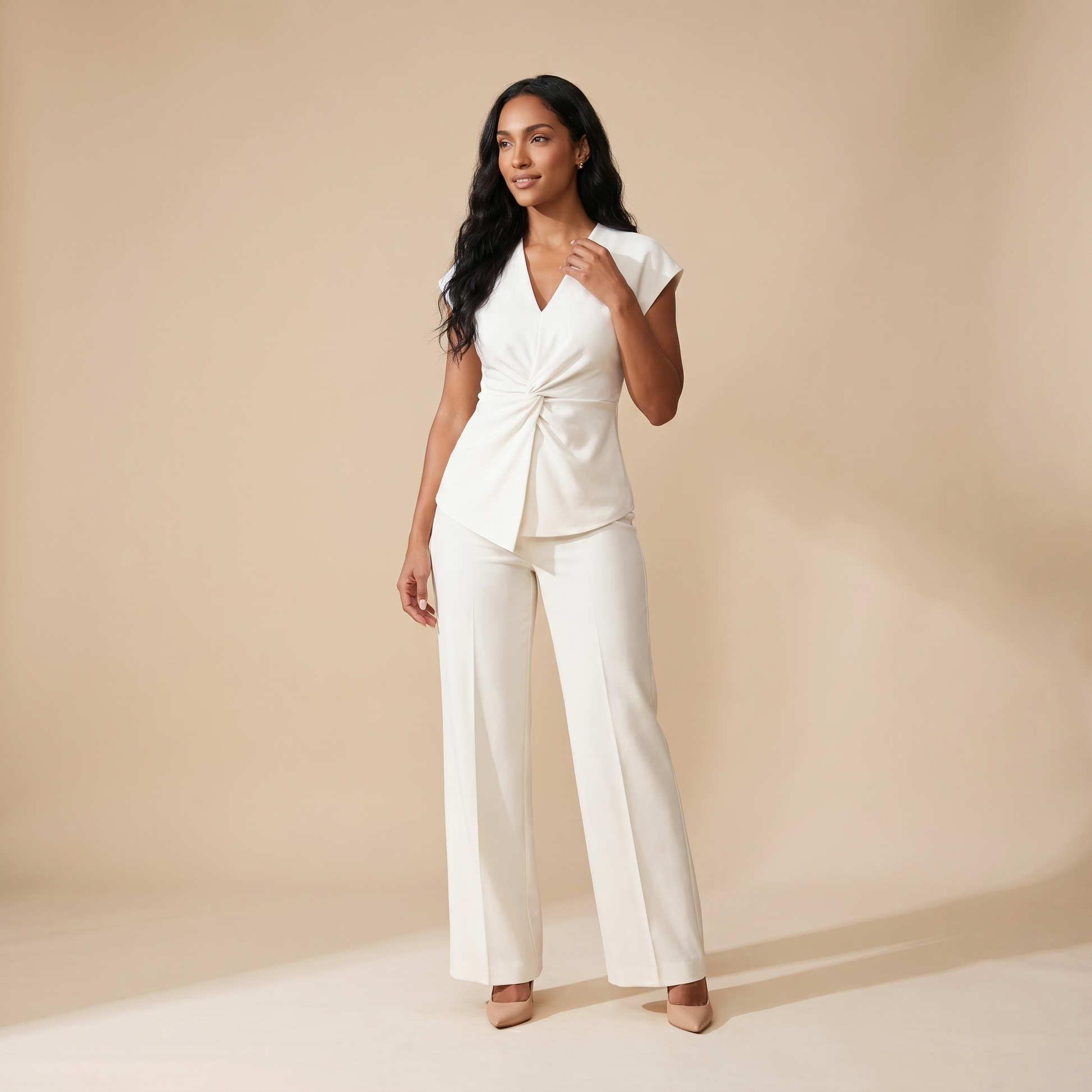 Sunoire 2 pieces outfit v neck short sleeve twist front zipper back top and straight leg pants set casual commuting set front hero 01