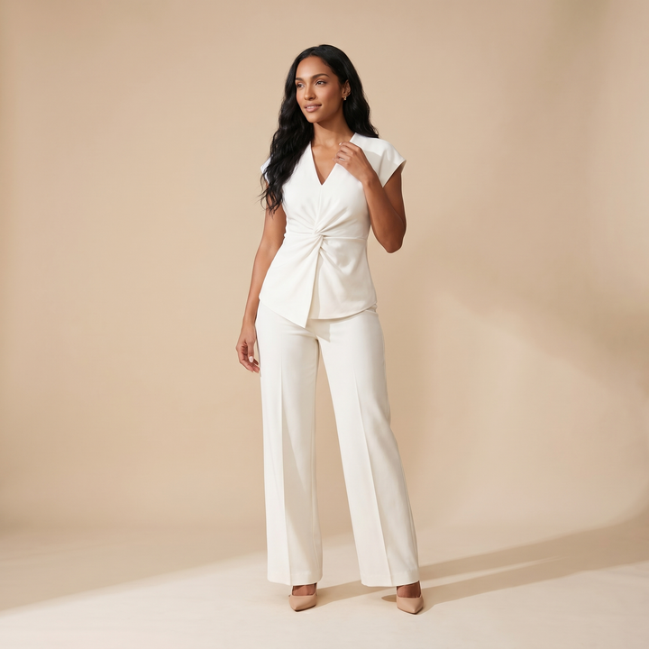 Sunoire 2 pieces outfit v neck short sleeve twist front zipper back top and straight leg pants set casual commuting set front hero 01
