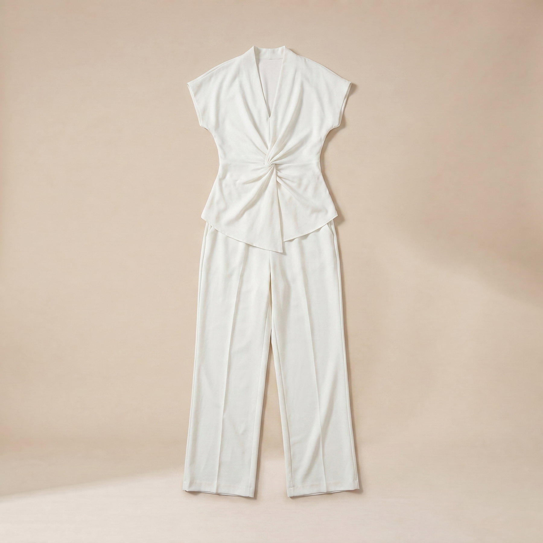 Sunoire 2 pieces outfit v neck short sleeve twist front zipper back top and straight leg pants set casual commuting set garment flatlay 01