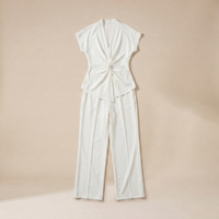 Sunoire 2 pieces outfit v neck short sleeve twist front zipper back top and straight leg pants set casual commuting set garment flatlay 01