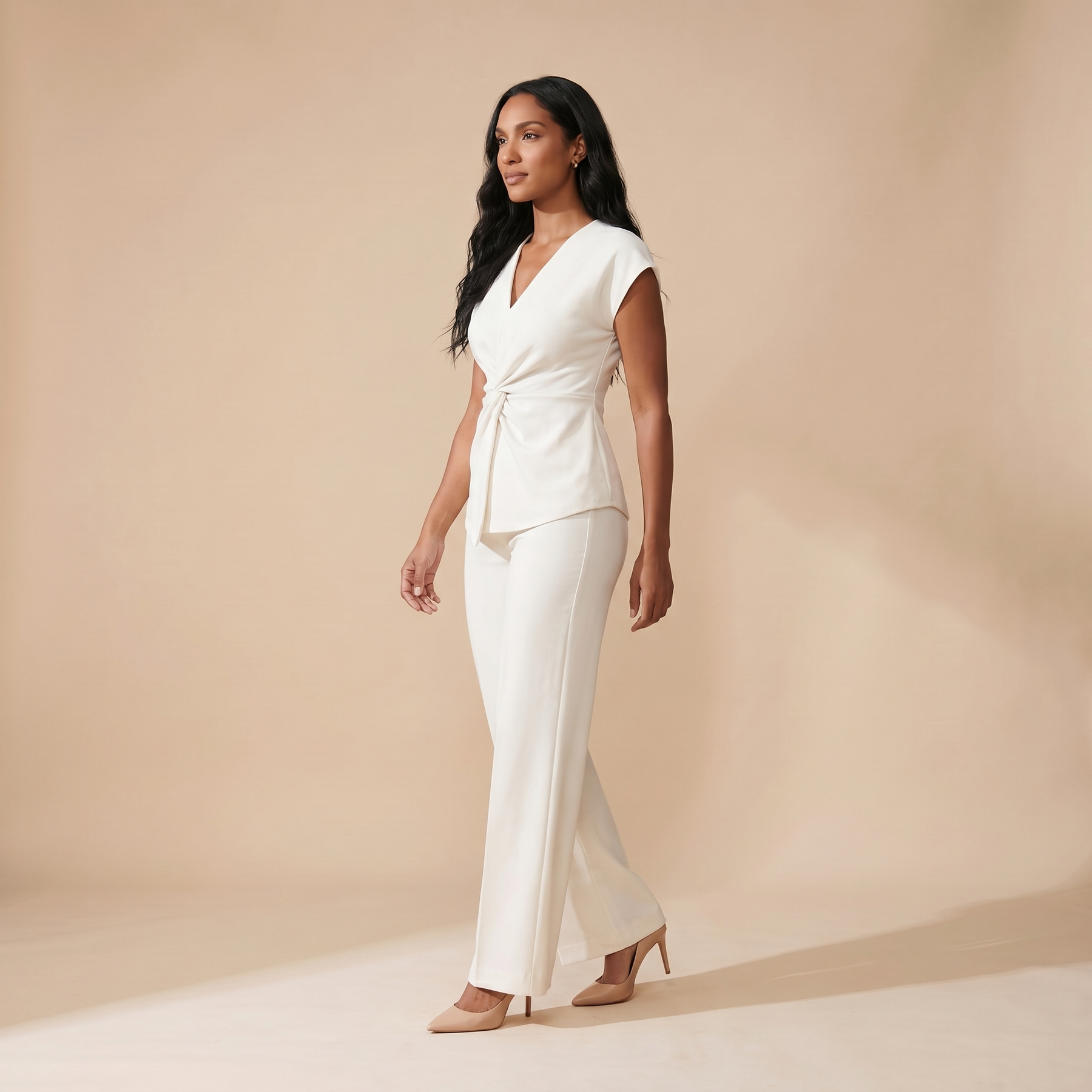 Sunoire 2 pieces outfit v neck short sleeve twist front zipper back top and straight leg pants set casual commuting set side view 01