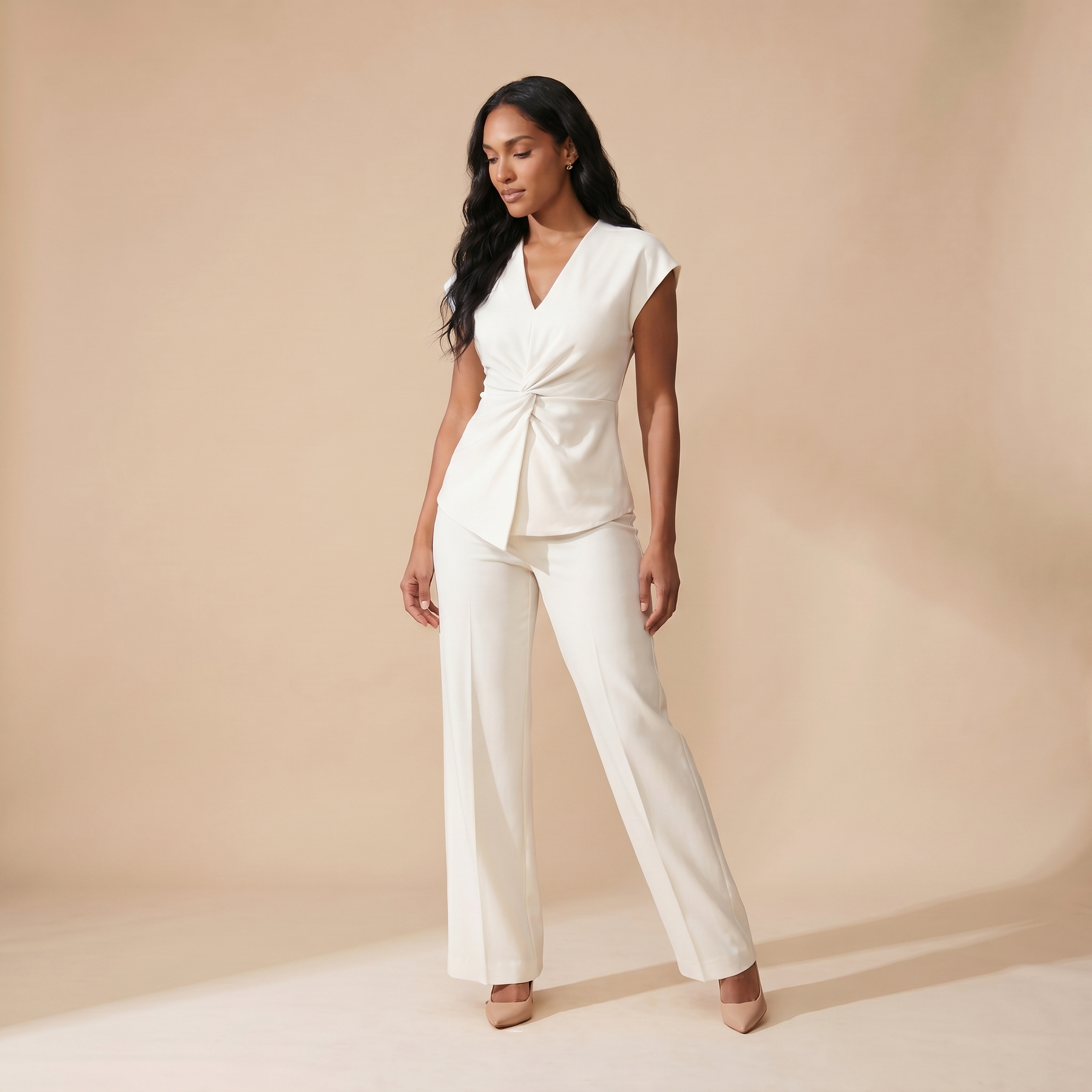 Sunoire 2 pieces outfit v neck short sleeve twist front zipper back top and straight leg pants set casual commuting set three quarter 01