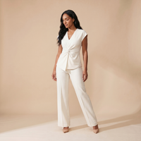 Sunoire 2 pieces outfit v neck short sleeve twist front zipper back top and straight leg pants set casual commuting set three quarter 01