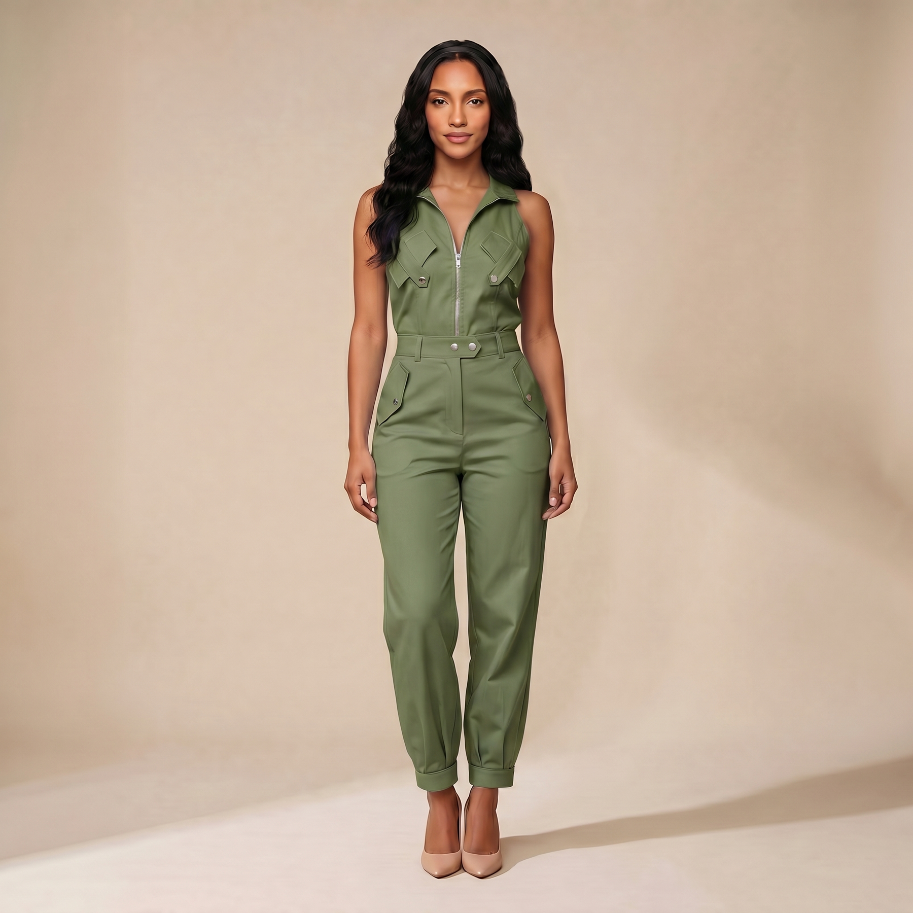 Sunoire 2 pieces outfits sleeveless high neck cargo pockets design top and casual cuffed long pants set colorway army green front hero 01