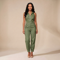 Sunoire 2 pieces outfits sleeveless high neck cargo pockets design top and casual cuffed long pants set colorway army green front hero 01