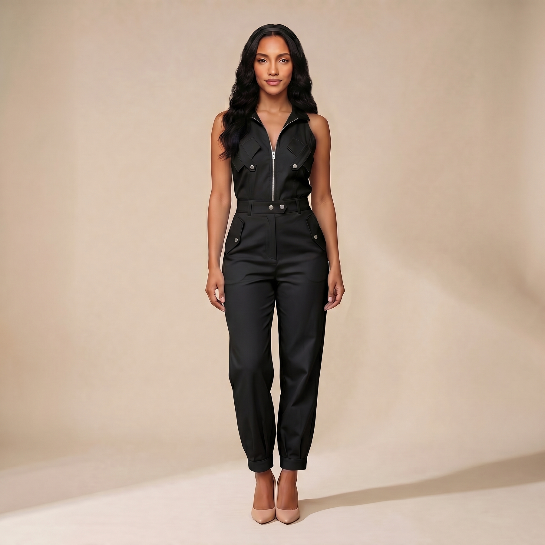 Sunoire 2 pieces outfits sleeveless high neck cargo pockets design top and casual cuffed long pants set colorway black front hero 01