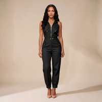 Sunoire 2 pieces outfits sleeveless high neck cargo pockets design top and casual cuffed long pants set colorway black front hero 01