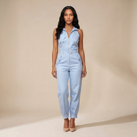 Sunoire 2 pieces outfits sleeveless high neck cargo pockets design top and casual cuffed long pants set front hero 01