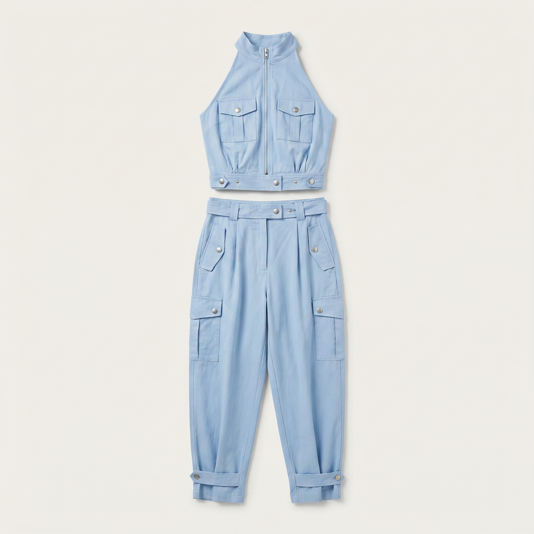 Sunoire 2 pieces outfits sleeveless high neck cargo pockets design top and casual cuffed long pants set garment flatlay 01