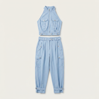 Sunoire 2 pieces outfits sleeveless high neck cargo pockets design top and casual cuffed long pants set garment flatlay 01