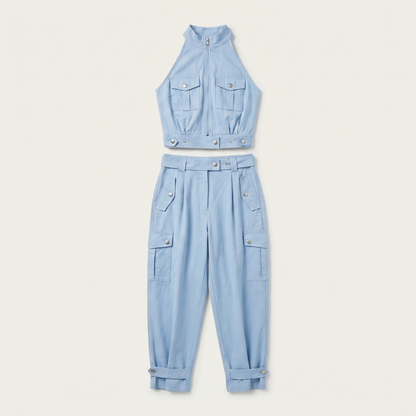Sunoire 2 pieces outfits sleeveless high neck cargo pockets design top and casual cuffed long pants set garment flatlay 01