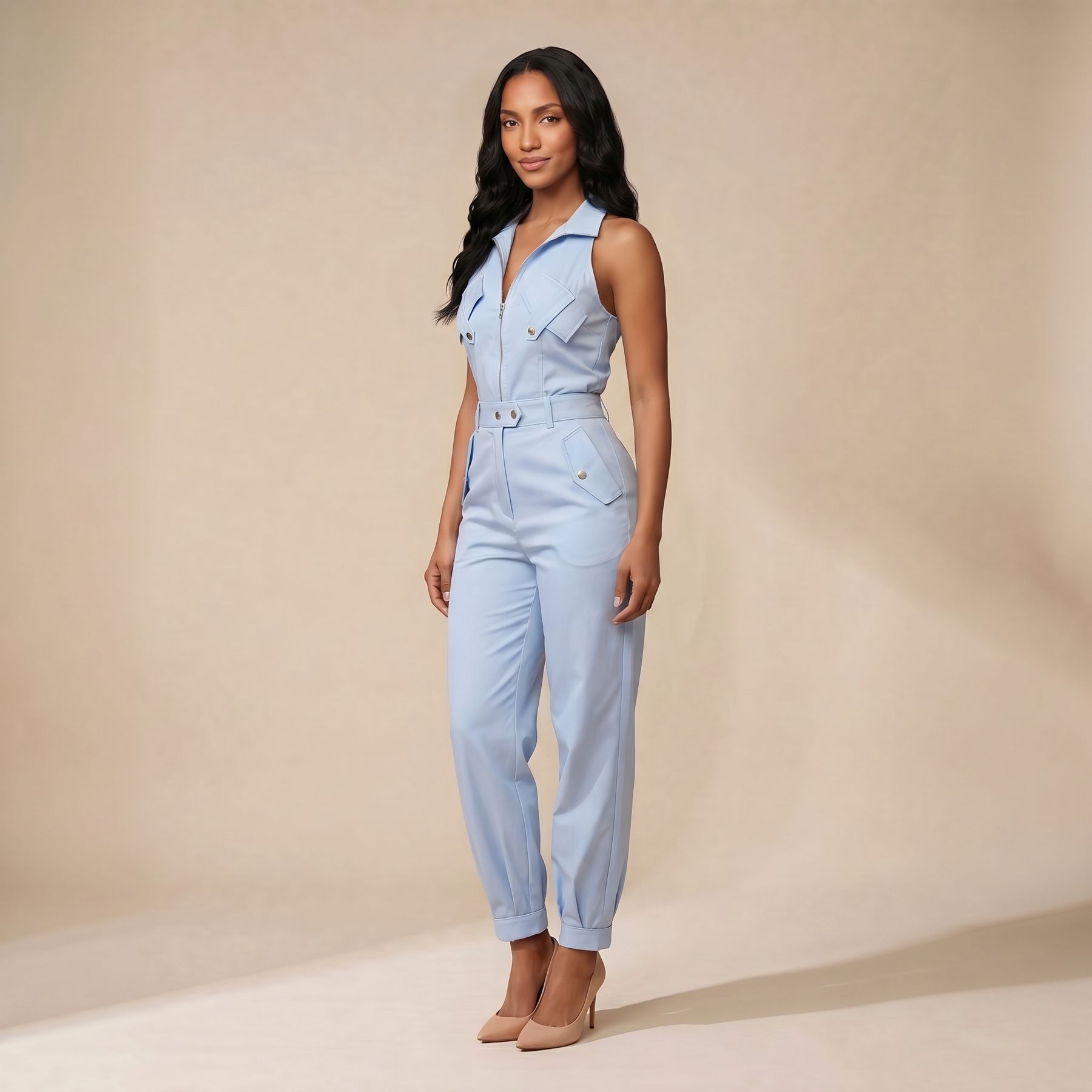 Sunoire 2 pieces outfits sleeveless high neck cargo pockets design top and casual cuffed long pants set three quarter 01