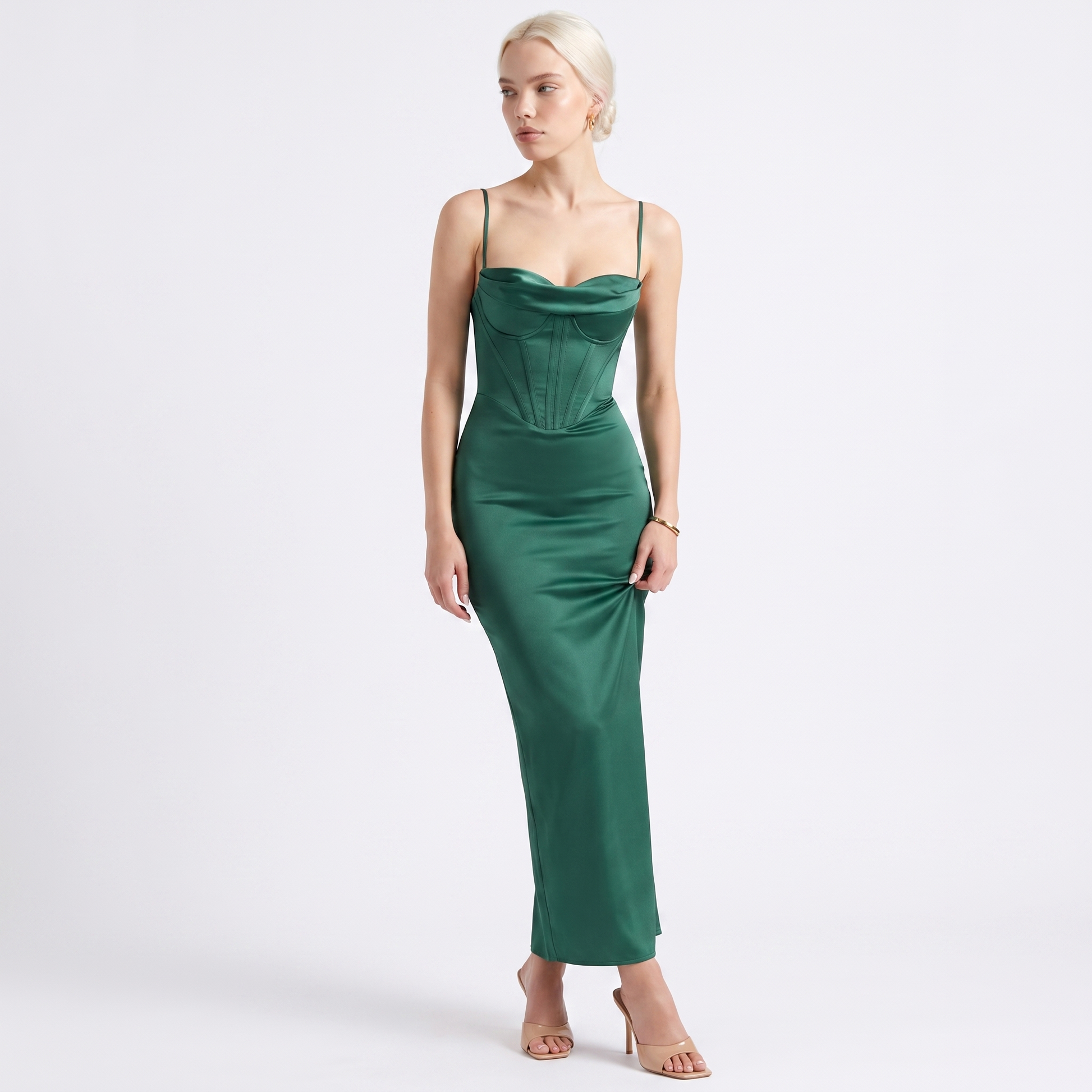 Sunoire 2023 summer collection new arrival women square collar satin sexy dress fashion long women dresses front hero 01