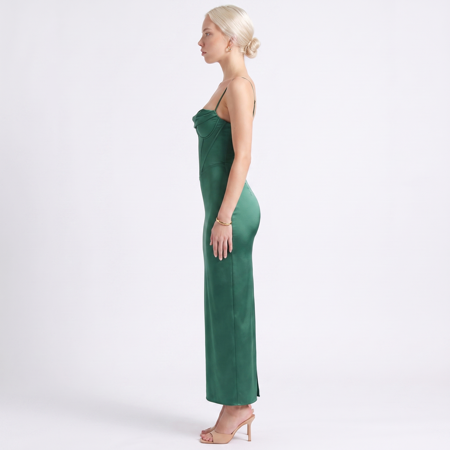 Sunoire 2023 summer collection new arrival women square collar satin sexy dress fashion long women dresses side view 01