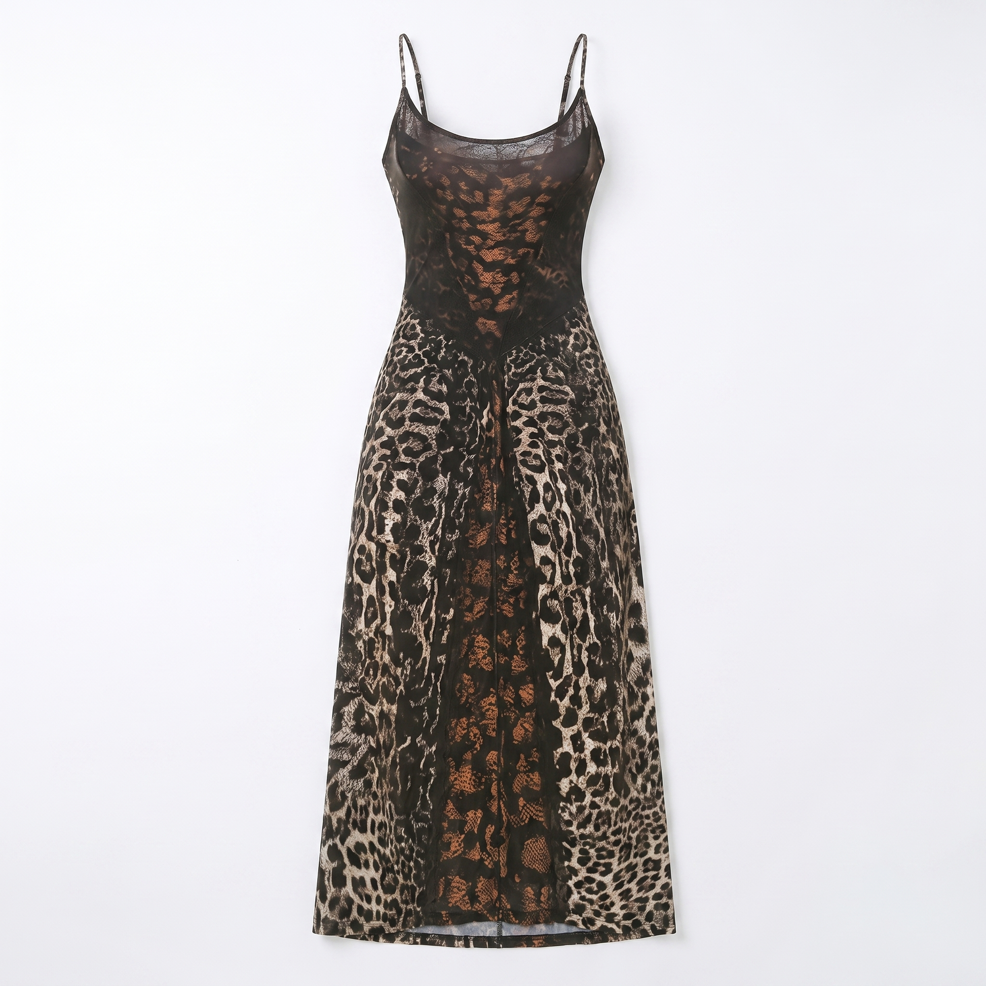 Sunoire 2025 new arrivals draped backless leopard print tie back sleeveless slim fit long maxi dress garment flatlay 01