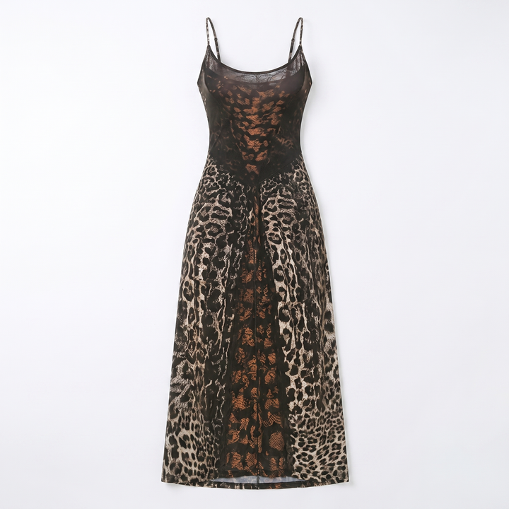 Sunoire 2025 new arrivals draped backless leopard print tie back sleeveless slim fit long maxi dress garment flatlay 01