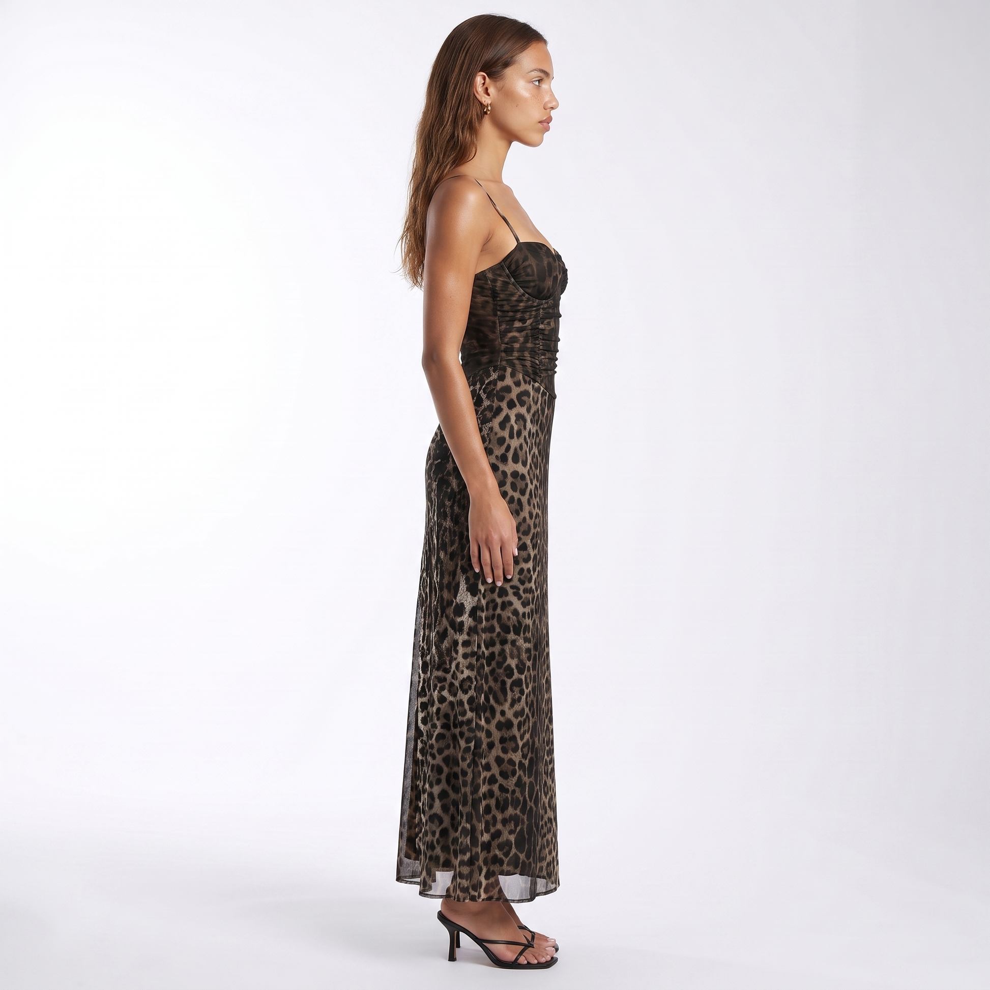 Sunoire 2025 new arrivals draped backless leopard print tie back sleeveless slim fit long maxi dress side view 01