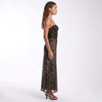 Sunoire 2025 new arrivals draped backless leopard print tie back sleeveless slim fit long maxi dress side view 01