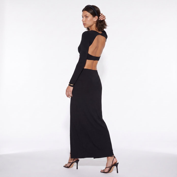 Sunoire 2026 autumn long sleeve solid color v neck bodycon crop top slit skirts sexy women two piece sets back view 01