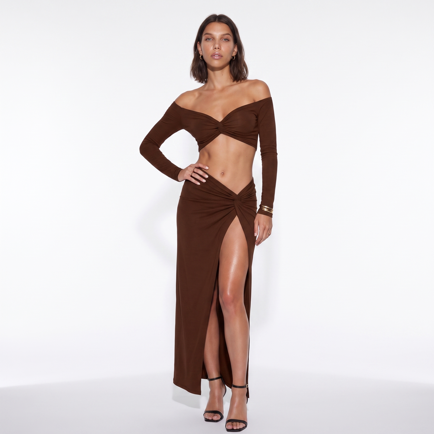 Sunoire 2026 autumn long sleeve solid color v neck bodycon crop top slit skirts sexy women two piece sets colorway brown front hero 01