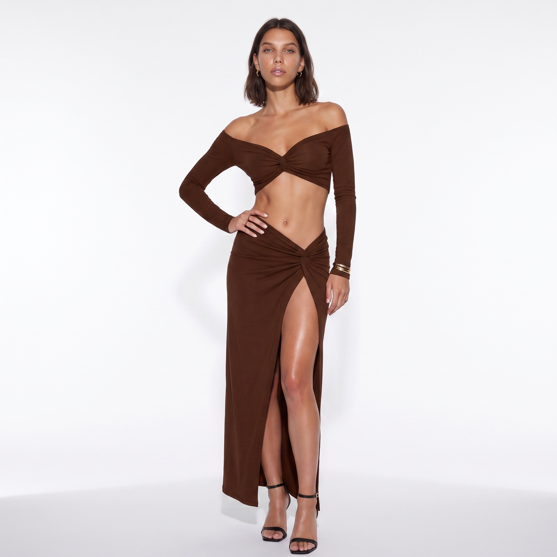 Sunoire 2026 autumn long sleeve solid color v neck bodycon crop top slit skirts sexy women two piece sets colorway brown front hero 01