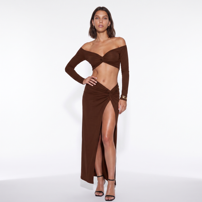 Sunoire 2026 autumn long sleeve solid color v neck bodycon crop top slit skirts sexy women two piece sets colorway brown front hero 01