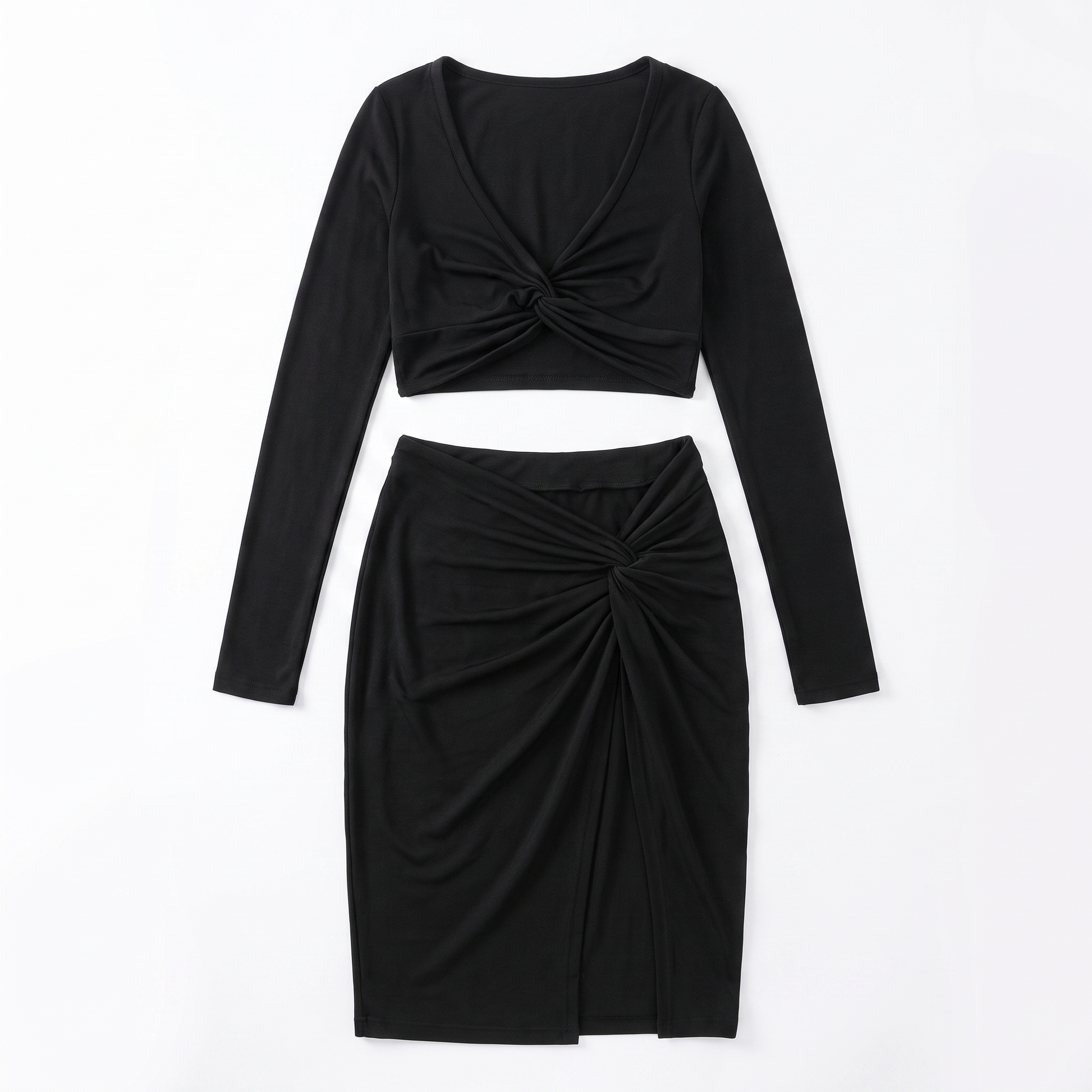 Sunoire 2026 autumn long sleeve solid color v neck bodycon crop top slit skirts sexy women two piece sets garment flatlay 01