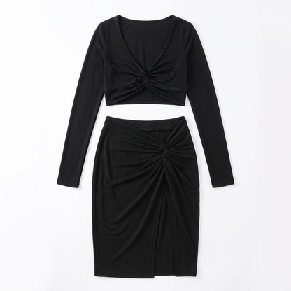 Sunoire 2026 autumn long sleeve solid color v neck bodycon crop top slit skirts sexy women two piece sets garment flatlay 01