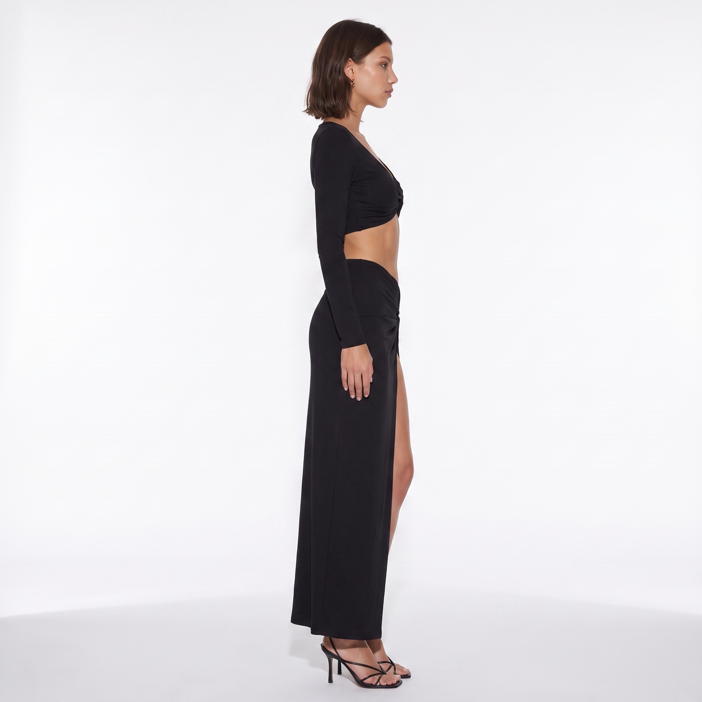 Sunoire 2026 autumn long sleeve solid color v neck bodycon crop top slit skirts sexy women two piece sets side view 01