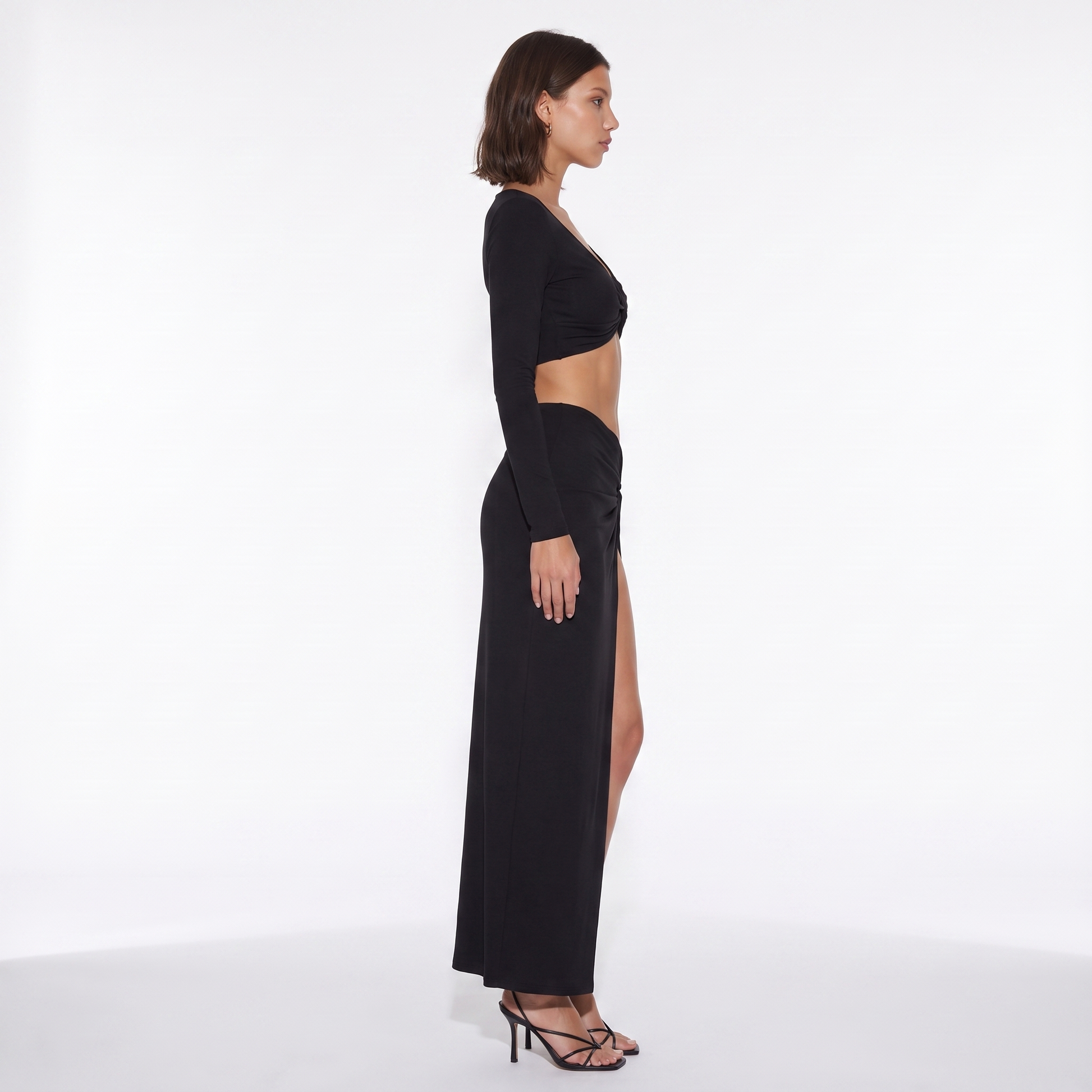 Sunoire 2026 autumn long sleeve solid color v neck bodycon crop top slit skirts sexy women two piece sets side view 01