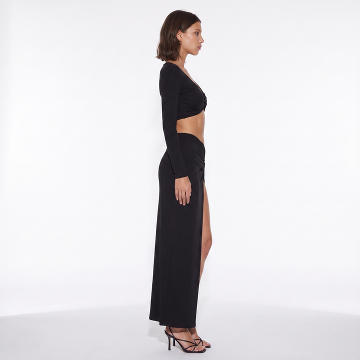 Sunoire 2026 autumn long sleeve solid color v neck bodycon crop top slit skirts sexy women two piece sets side view 01
